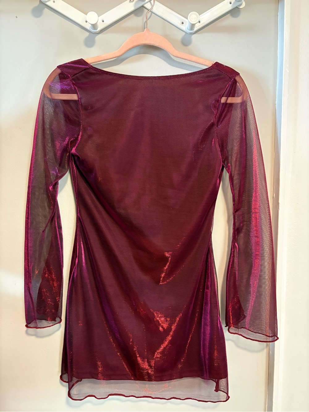 SHEIN Shimmery Burgundy Mesh Long-Sleeve Mini Dress